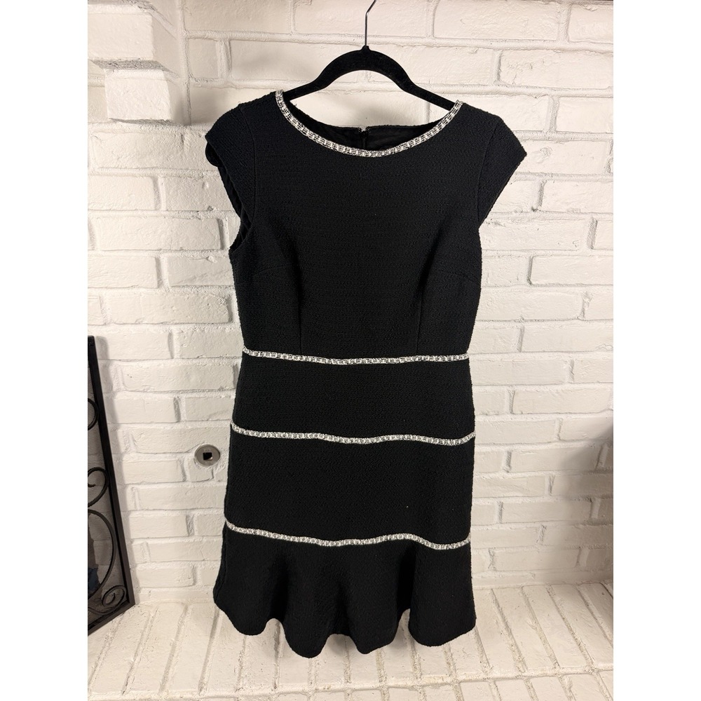 Ann Taylor Womens 6P Black Tweed Fit Flare Dress Boucle Trim Quiet Luxury